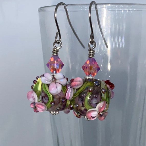 Handmade lampwork earrings floral round lampwork earrings | Etsy