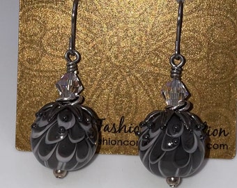 Handmade lampwork earrings, petal lampwork beads, gray jewelry