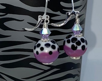 Handmade lampwork earrings, purple earrings, mauve earrings, polka dot earrings