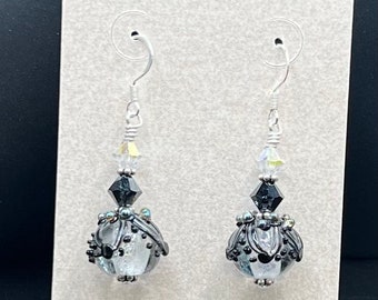 Black and white princess earrings, bling earrings, handmade lampwork earrings, statement piece, fancy earrings, OOAK