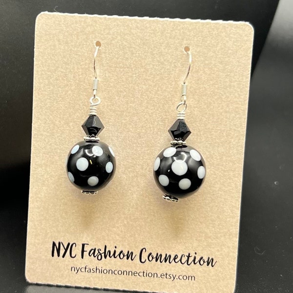 Handmade lampwork beaded earrings, black and white polka dot earrings, sterling silver earrings, OOAK