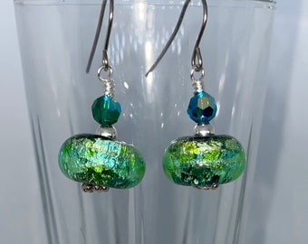 Handmade lampwork earrings, emerald green earrings, handmade green earrings, lampwork jewelry