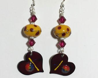 Handmade lampwork earrings, Red and yellow earrings, mustard yellow earrings, enameled charm earrings, red handmade jewelry