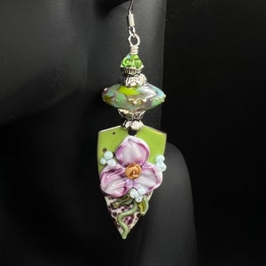 Handmade lampwork and enameled copper earrings, flower jewelry, green and purple earrings, OOAK