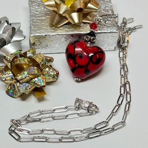 Handmade heart shaped scrollwork pendant, scrollwork jewelry, red colored necklace, OOAK, lampwork necklace, gifts for her
