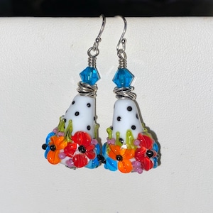 Handmade lampwork floral cone shaped artisan earrings, colorful flower earrings, polka dot jewelry, OOAK