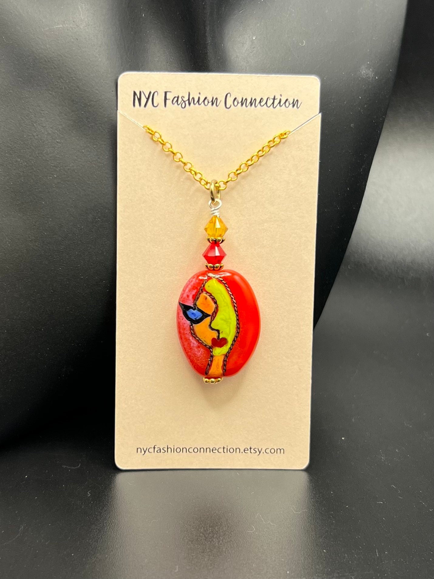 Handmade lampwork Picasso inspired necklace, portrait abstract art, face pendant, statement piece jewelry, OOAK, red necklace