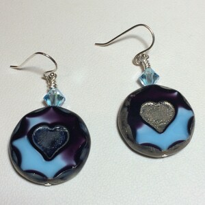 Handmade Czech glass jewelry blue purple heart earrings