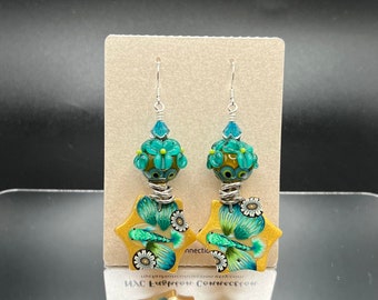Peacock earrings, koi fish earrings, turquoise earrings, lampwork and polymer clay earrings, OOAK, star shaped earrings, peacock jewelry