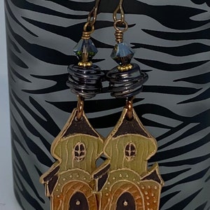 Handmade earrings, spooky house earrings, haunted house jewelry, Halloween jewelry, bronze earrings