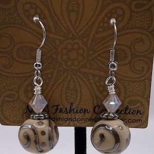 Handmade lampwork earrings, cream lampwork earrings, scrollwork beads