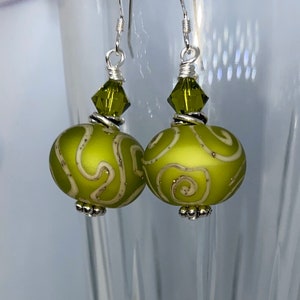 Handmade lampwork earrings, green lampwork earrings, scrollwork beads