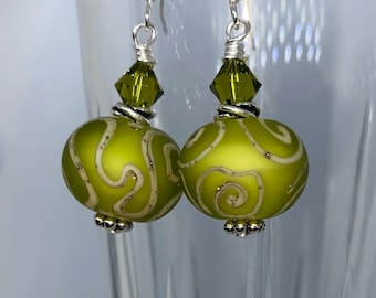 Handmade lampwork earrings, green lampwork earrings, scrollwork beads