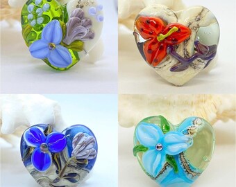 Heart Lampwork Bead with Flower• Murano Glass Bead Pendant• Heart Shape Glass Bead for Jewelry Making• Custom Order•Turquoise Glass Pendant