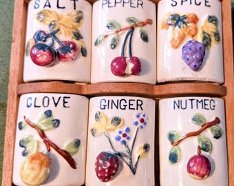 Vintage Ceramic Wooden Wall Spice Rack- Set of 6 Jars