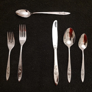 Può includere: Un set di sei posate color argento, tra cui due forchette, due cucchiai e un coltello. Ogni pezzo presenta un motivo floreale sul manico. Le posate sono disposte su una superficie nera.
