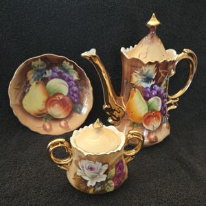Vintage Lefton Heritage Brown Fruit Coffee Pot & Saucer, and Brown Floral Rose Sugar Bowl.