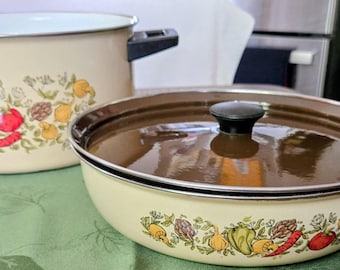 Vintage Cera Met Spice of Life Enamel Stock Pot and Skillet with Lid