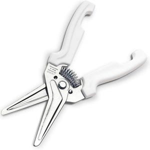 May include: Stainless steel poultry shears with white ergonomic handles and a central tension spring. The metal blades are engraved with the text JERO STAINLESS MADE IN PORTUGAL. These kitchen shears feature a locking mechanism and a sharp design.