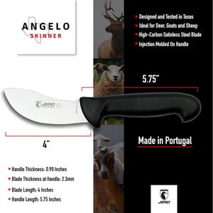 Puede incluir: Cuchillo Jero Angelo Skinner con hoja de acero inoxidable de alto carbono de 10,16 cm y mango negro moldeado por inyección de 14,6 cm. La hoja tiene 2,3 mm de grosor en el mango, que mide 2,29 cm de grosor. Texto: Angelo Skinner, Made in Portugal.