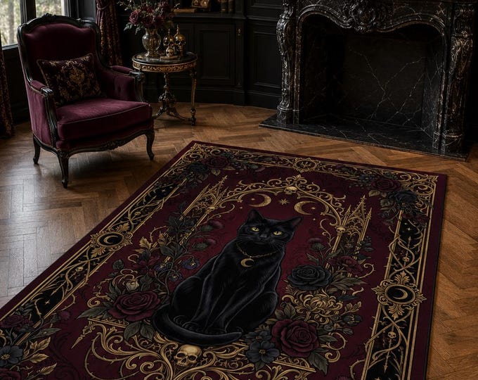 Gothic Black Cat Rug, Dark Floral Witchy Home Decor, Crescent Moon Accent Carpet