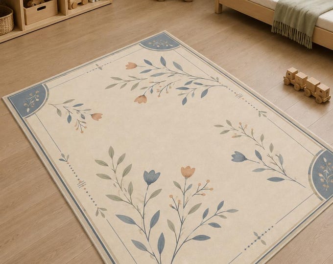 Scandinavian Botanical Area Rug – Soft Velvety Microfiber, Non-Slip Base Carpet