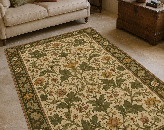 Olive Botanical Rug, Vintage Floral Carpet, Green Cottagecore Decor, Washable Living Room Floor Mat
