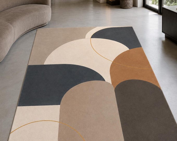 Abstract Arches Rug, Neutral Tones, Minimalist Living Room Carpet