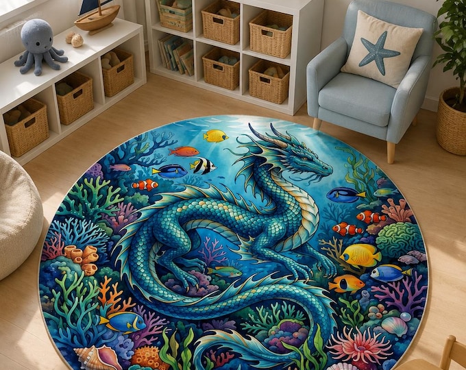 Sea Dragon Coral Reef Round Rug – Underwater Fantasy Kids Decor