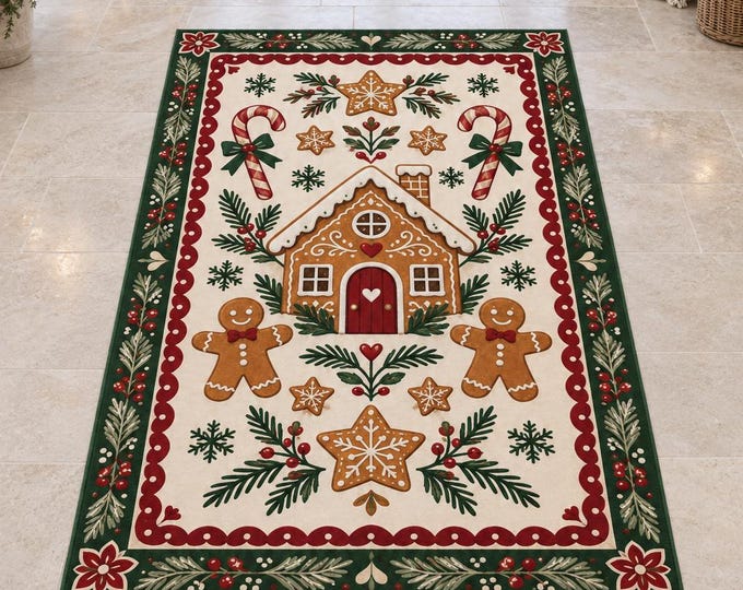Gingerbread Cottage Christmas Rug with Green Bow Details, Digitally Printed Festive Living Room Decor