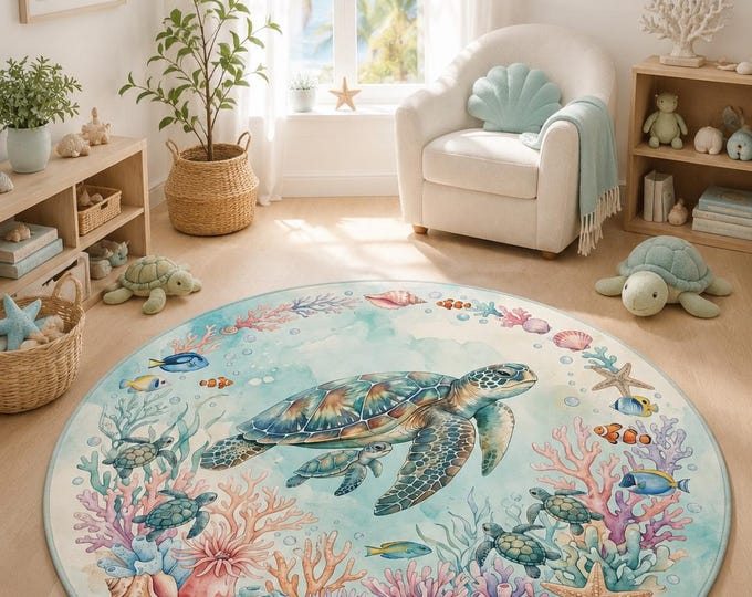 Sea Turtle Coral Reef Round Rug, Watercolor Ocean Nursery Decor