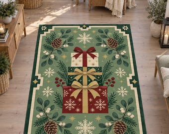 Sage Christmas Rug, Gift Boxes and Pinecones Pattern, Digitally Printed Festive Living Room Decor