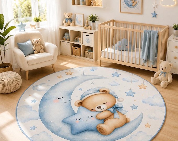 Sleeping Teddy Bear Moon Stars Round Nursery Rug, Baby Room Decor Carpet