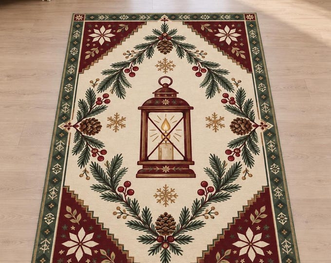 Vintage Lantern Christmas Rug with Pinecone Wreath Pattern, Digitally Printed Festive Living Room Decor