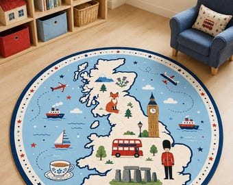 Round UK Map Rug: 3D Printed Microfiber, Non-Slip, Washable (40x60cm)