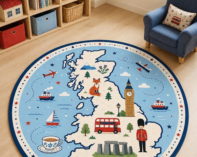 Round UK Map Rug: 3D Printed Microfiber, Non-Slip, Washable (40x60cm)