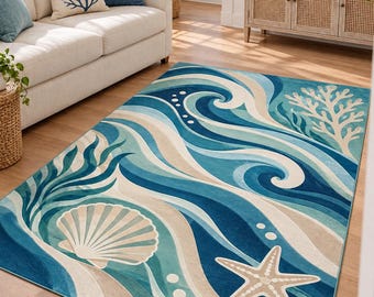 Blue Ocean Wave Rug, Coastal Seashell Area Rug, Starfish and Coral Design, Nautical Bedroom Carpet, Seaside Floor Accent, Stylish Room Decor