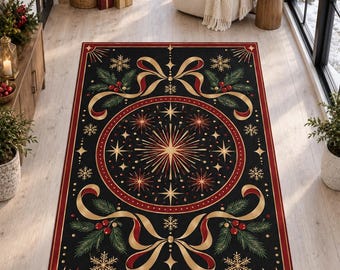 Black New Year Rug, Gold Fireworks and Bows, Digitally Printed Festive Living Room Decor