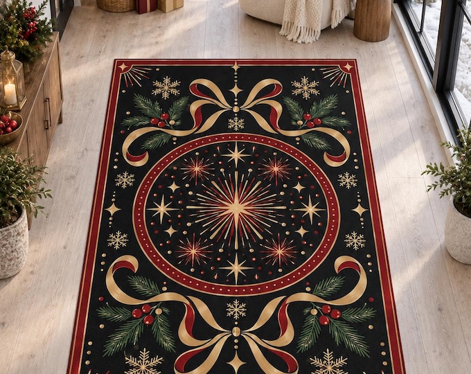 Black New Year Rug, Gold Fireworks and Bows, Digitally Printed Festive Living Room Decor