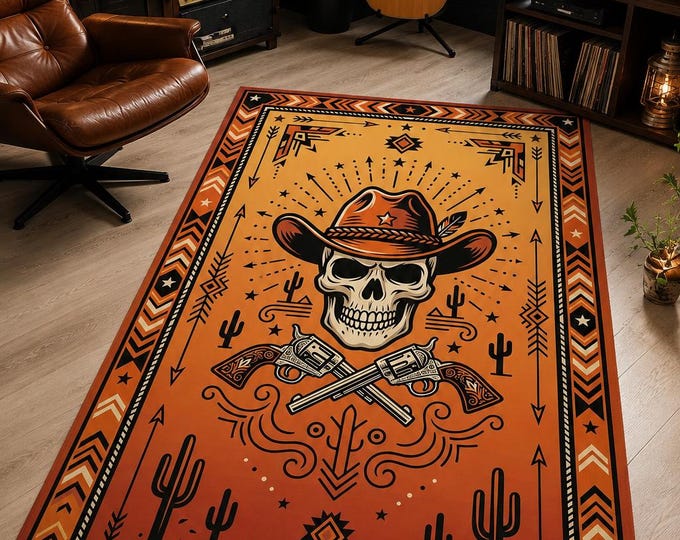 Cowboy Skull Rug, Southwestern Desert Decor, Wild West Carpet, Rustic Room Accent