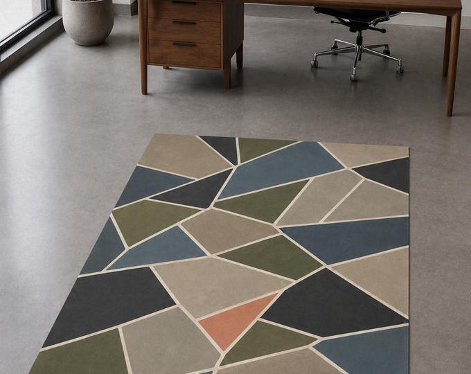 Retro Zigzag Area Rug, Burgundy Mustard Green, Modern Living Room Floor Decor