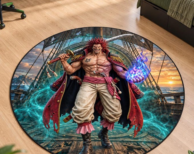 Pirate Captain Rug, Red Haired Ocean Warrior, Washable Gaming Room Carpet, Colorful Teen Bedroom Floor Decor