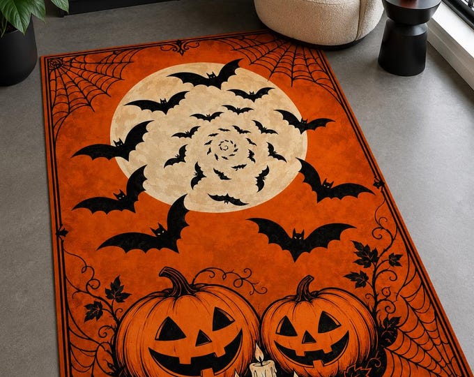Bat Moon Rug, Orange Halloween, Gothic Pumpkin Decor, Spooky Bedroom Art, Web Floor Accent