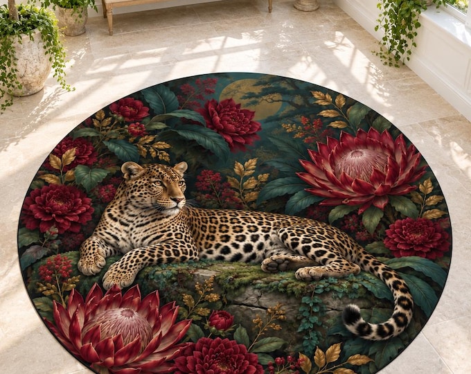 Leopard Floral Rug, Washable Round Area Carpet, Colorful Printed Floor Decor for Home and Bedroom
