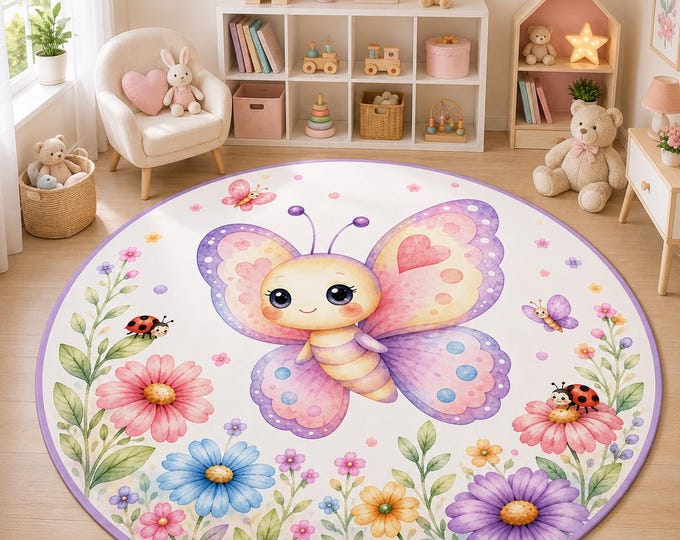 Round Butterfly Nursery Rug, Pastel Floral Kids Room Carpet