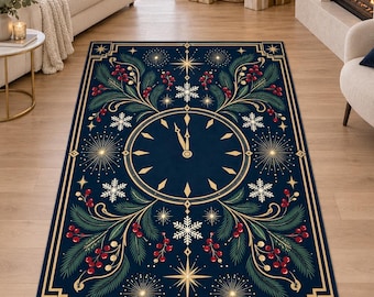 Navy New Year Rug, Midnight Clock and Fireworks, Digitally Printed Festive Living Room Decor