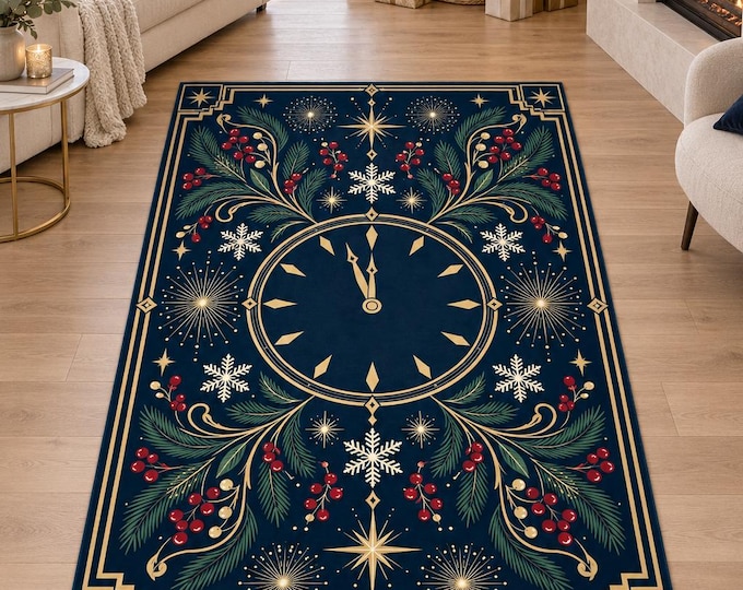 Navy New Year Rug, Midnight Clock and Fireworks, Digitally Printed Festive Living Room Decor