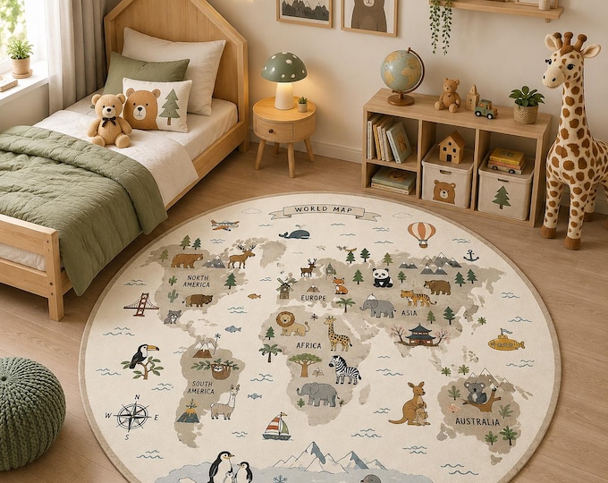 Round World Map Rug, Animal Kids Carpet, Montessori Nursery Decor, Playroom Mat (Digital Printed)