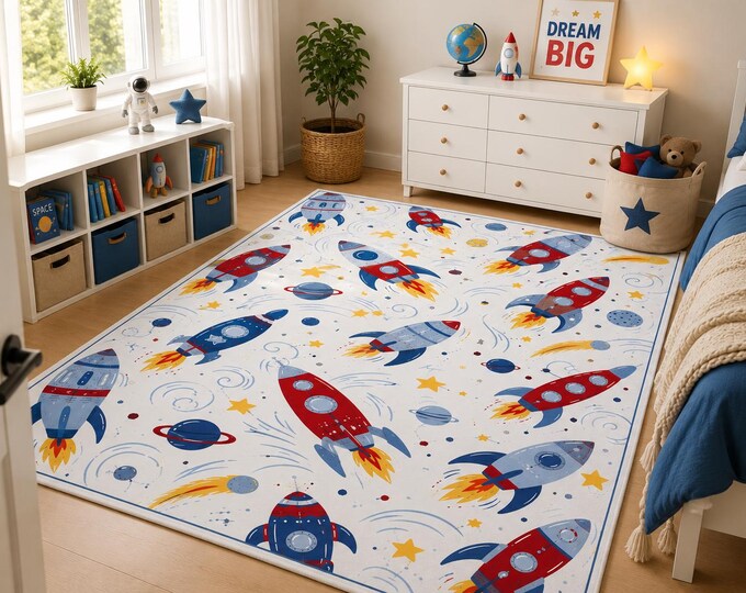 Rocket Ship Space Rug – Kids Room Decor, Microfiber Polyester, Non-Slip Base