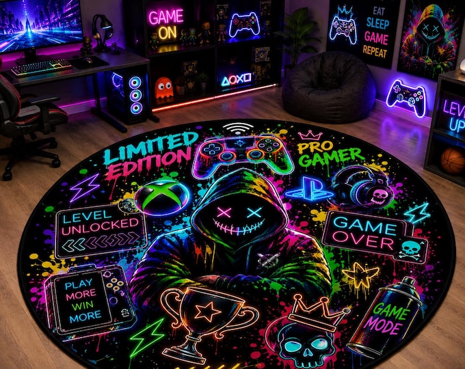 Neon Gaming Round Rug, Gamer Room Decor, RGB Carpet, Teen Floor Mat